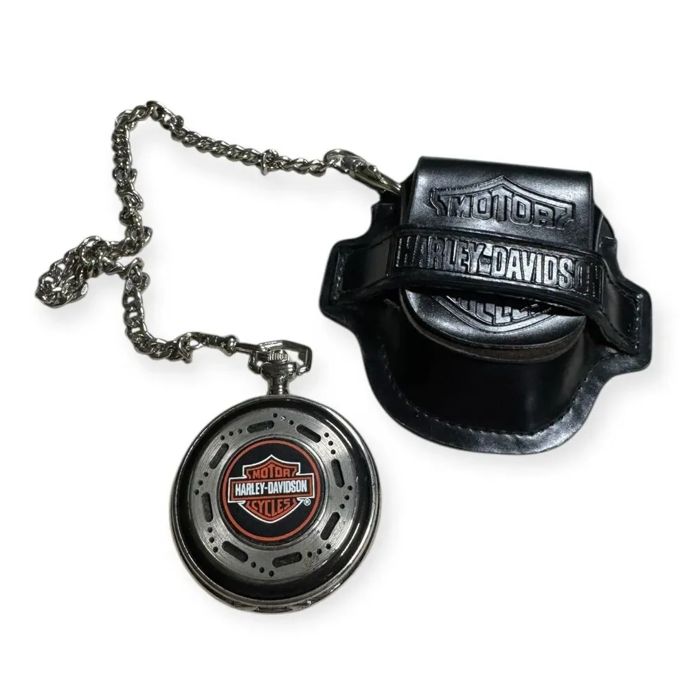 Harley-Davidson Pocket Watch Glow in Dark Vintage Quartz Chain w/ Leather Case‎